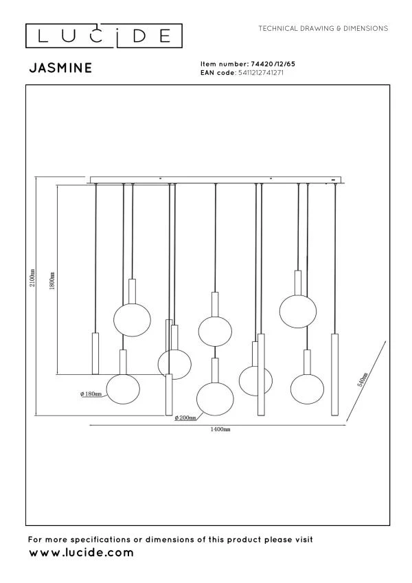Lucide Premium JASMINE - Suspension - Ø 75 cm - LED Dim. - CCT - 12x4,5W 2200K/3300K - Cuivre - technique